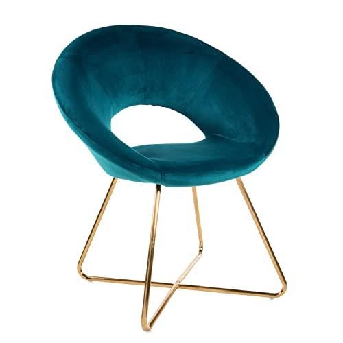 Baroni Home Poltrona Imbottita Circolare Bibi Moon in Velluto con Gambe in Ferro Dorato, Poltroncina da Ufficio o Sedia da pranzo con Seduta Ergonomica 71x59x84 Cm, Petrolio