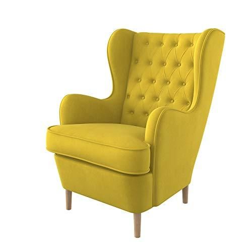 Furninero – Poltrona a orecchioni, Stile Chesterfield, Trapuntato a Rombi con Bottoni Profondi, Gambe arrotondate in Rovere, Majestic Velvet Yellow Tessuto, Easy-Clean (Facili da Pulire), Giallo